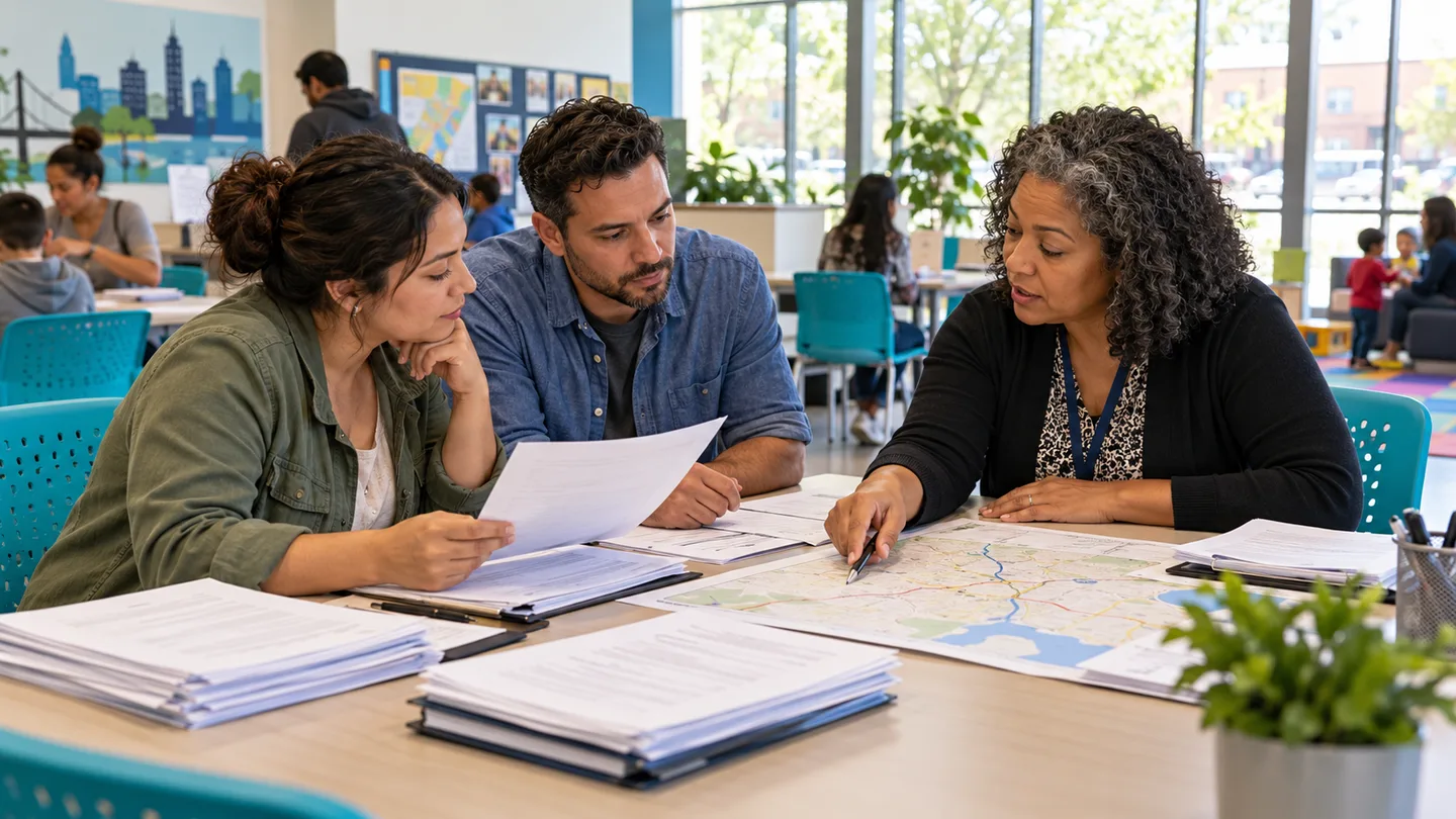 People comparing moving records and a route map in a community center