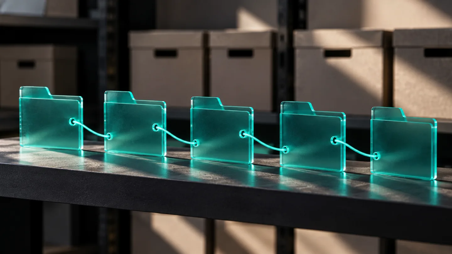 Teal linked research file tabs on a charcoal shelf
