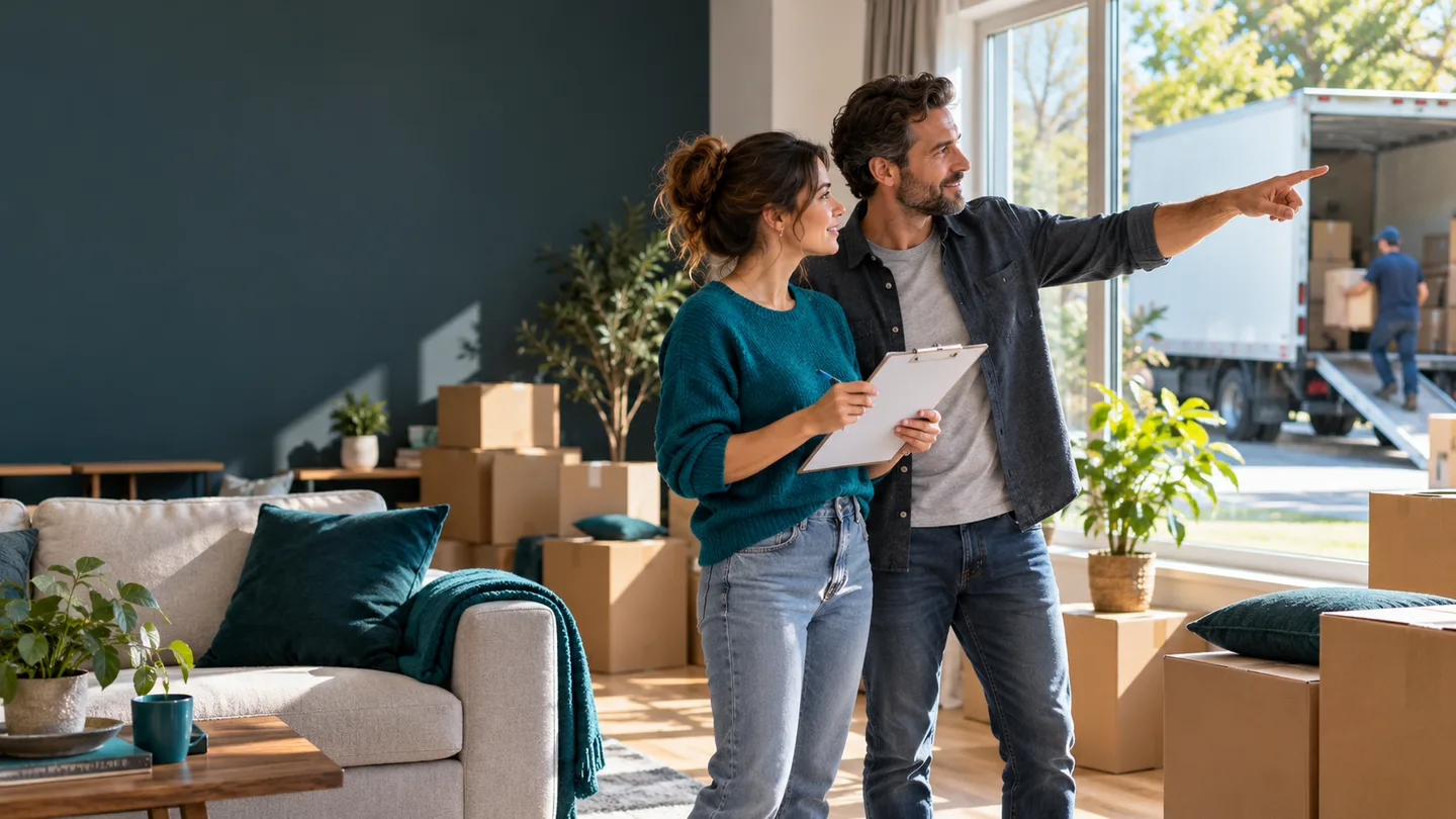 Household checks moving details with a truck outside