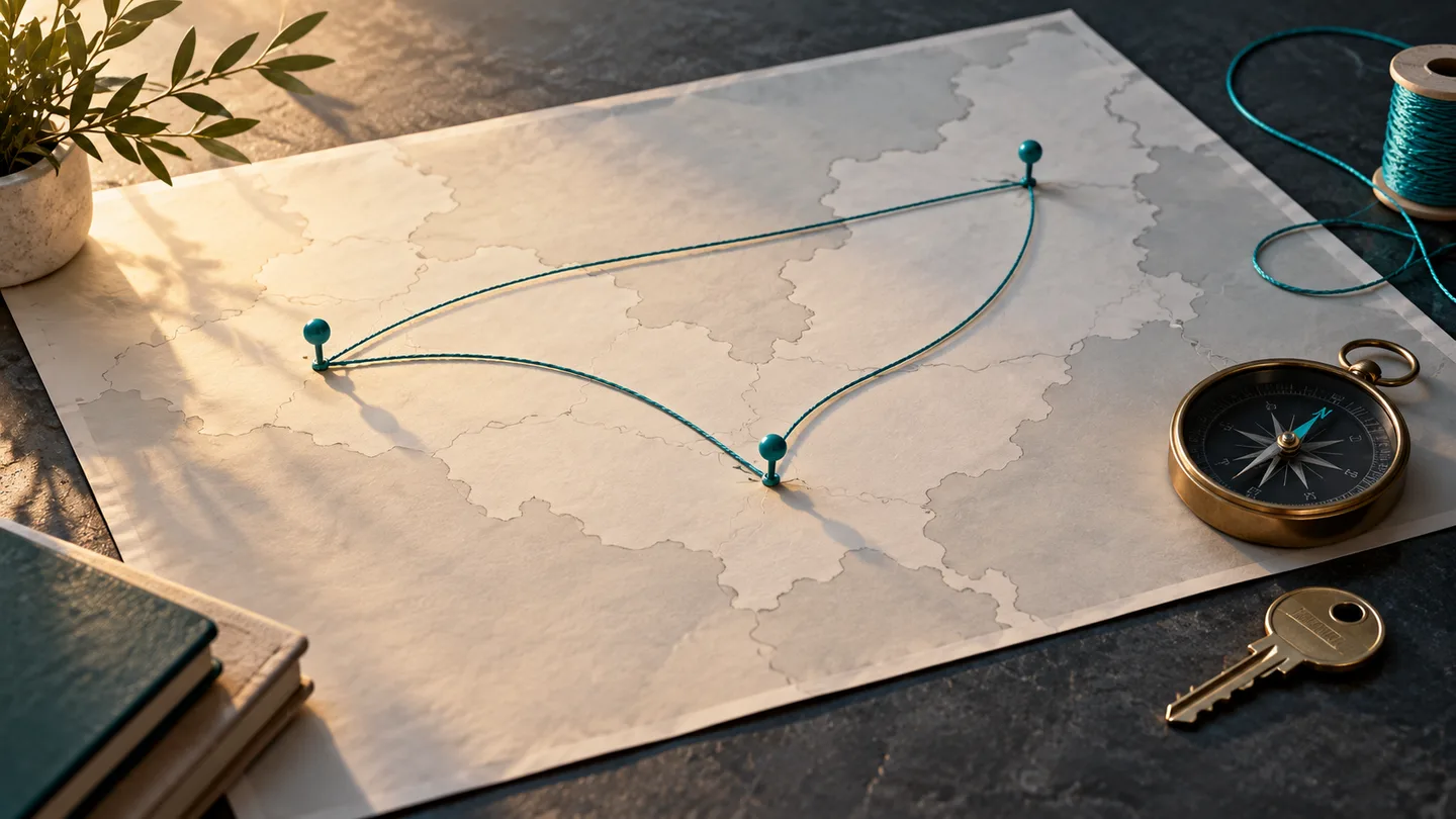 Linked routes, compass and key on a research map