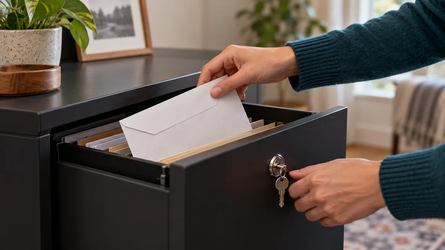 Personal moving documents placed in a locked file drawer
